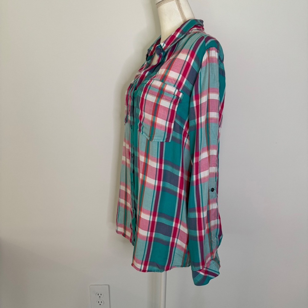 Kut from the Kloth Caillen Flannel Relaxed Button Down Top Pink Aqua Plaid XL - Picture 4 of 14